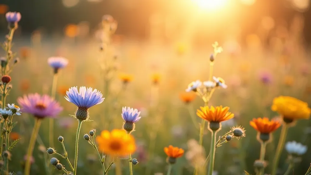 Alpenweiden hooibloemen: korenbloem, goudsbloem, roos en zonnebloem in warm gouden licht